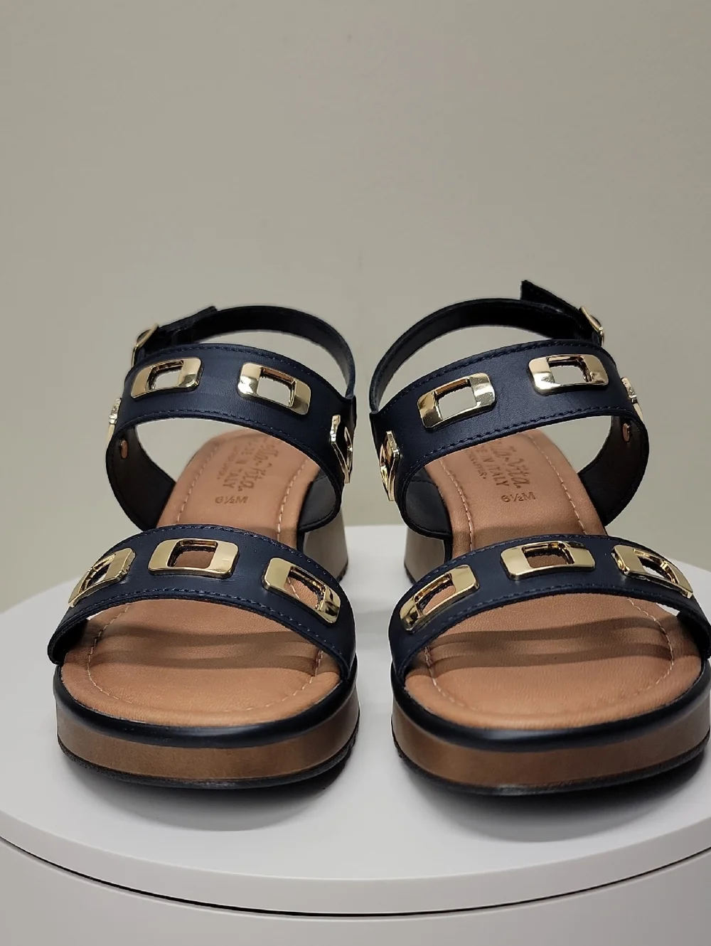 BELLA VITA -NEW IN BOX- WEDGE SANDALS NAVY BLUE 6.5 ITALIAN LEATHER